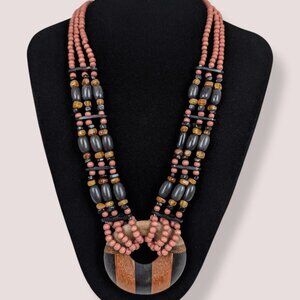 V. 3-Strand Amber & Wood Beaded Pendant Necklace